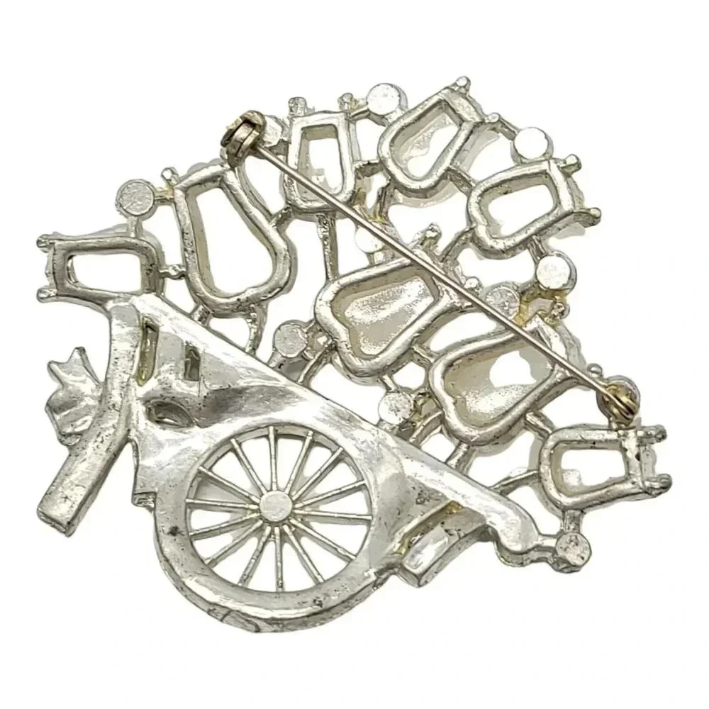 Pave White Enamel Moonstone Fruit Salad Flower Basket Cart Wheelbarrow Bow Pin